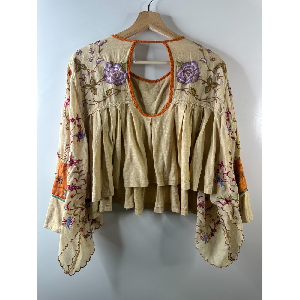 Free People Waiting On A Sunny Day Top Embroidered Birds Oversized XS Boho Gypsy - Picture 9 of 13